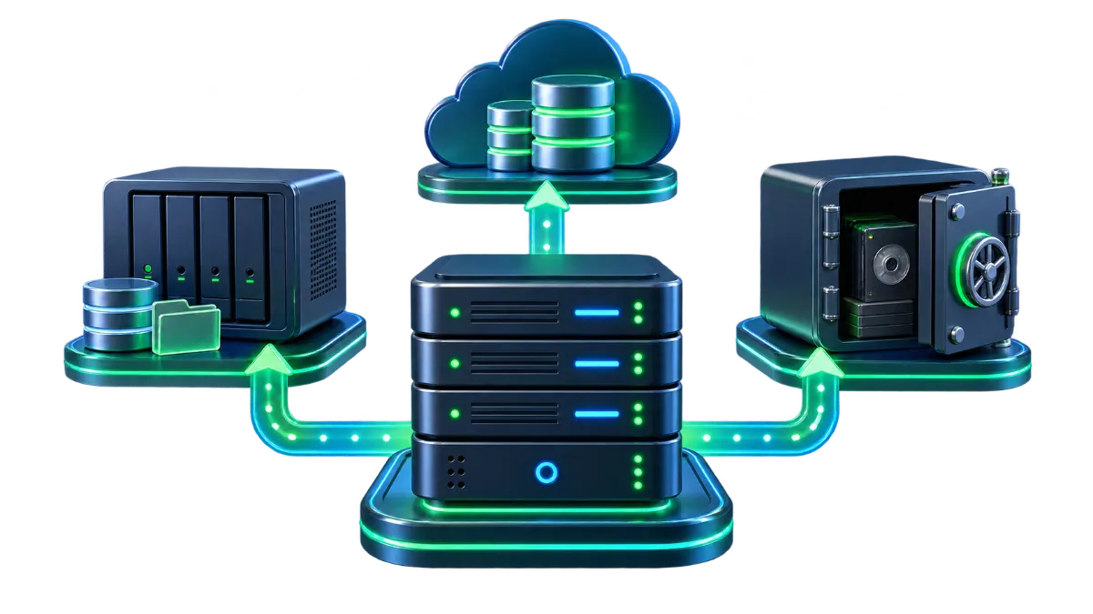 Layered disk and cloud icons connected by arrows, representing a backup being copied from a server to separate storage.
