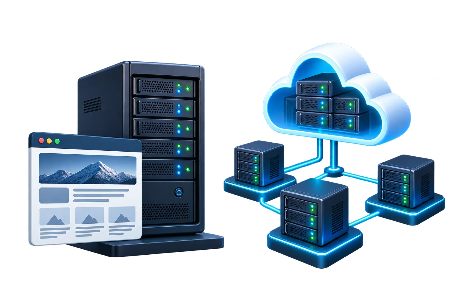 Cloud infrastructure icon connected to multiple distributed server nodes, representing on-demand cloud hosting.