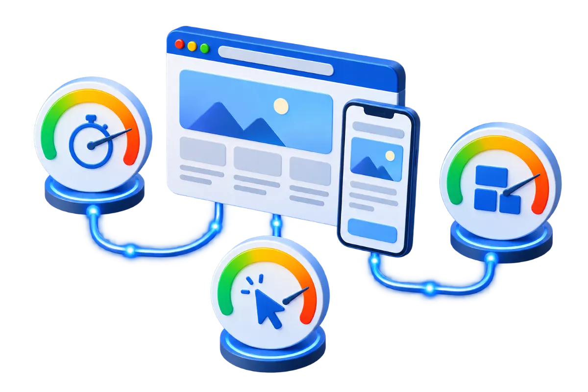 ثلاثة مقاييس عداد تمثل مؤشرات أداء ذات صلة بقرار إعادة تصميم موقع