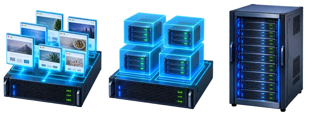Side-by-side comparison diagram contrasting a partitioned virtual server with a single dedicated machine.