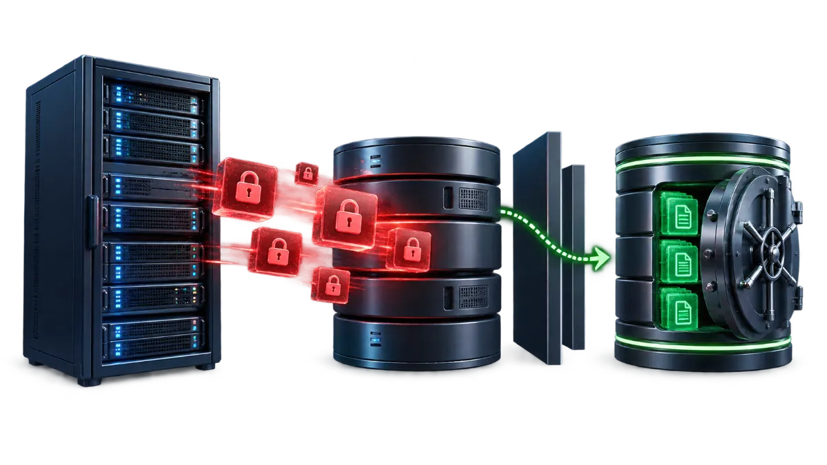 Server under a warning symbol connected to a separate offsite backup storage icon, representing a recovery path independent of the compromised or failed system.