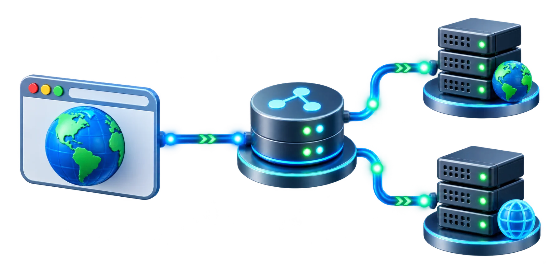 Diagram of a browser window resolving through a DNS server to multiple destination servers around the globe.