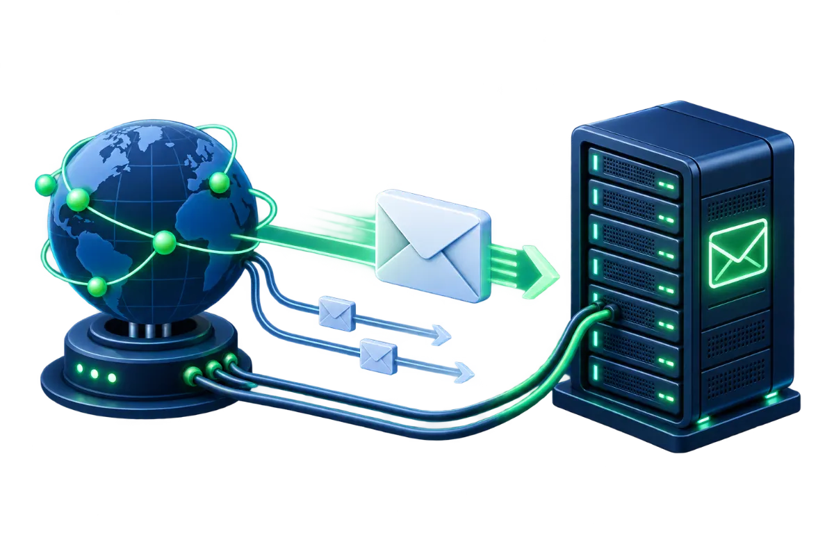 Email envelope icon with a warning flag beside an inbox and a separate spam folder, representing a deliverability problem.