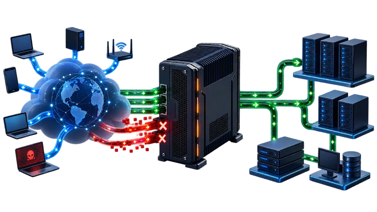 Server icon protected behind a shield with filtered connection lines, representing traffic being inspected before reaching a web server.