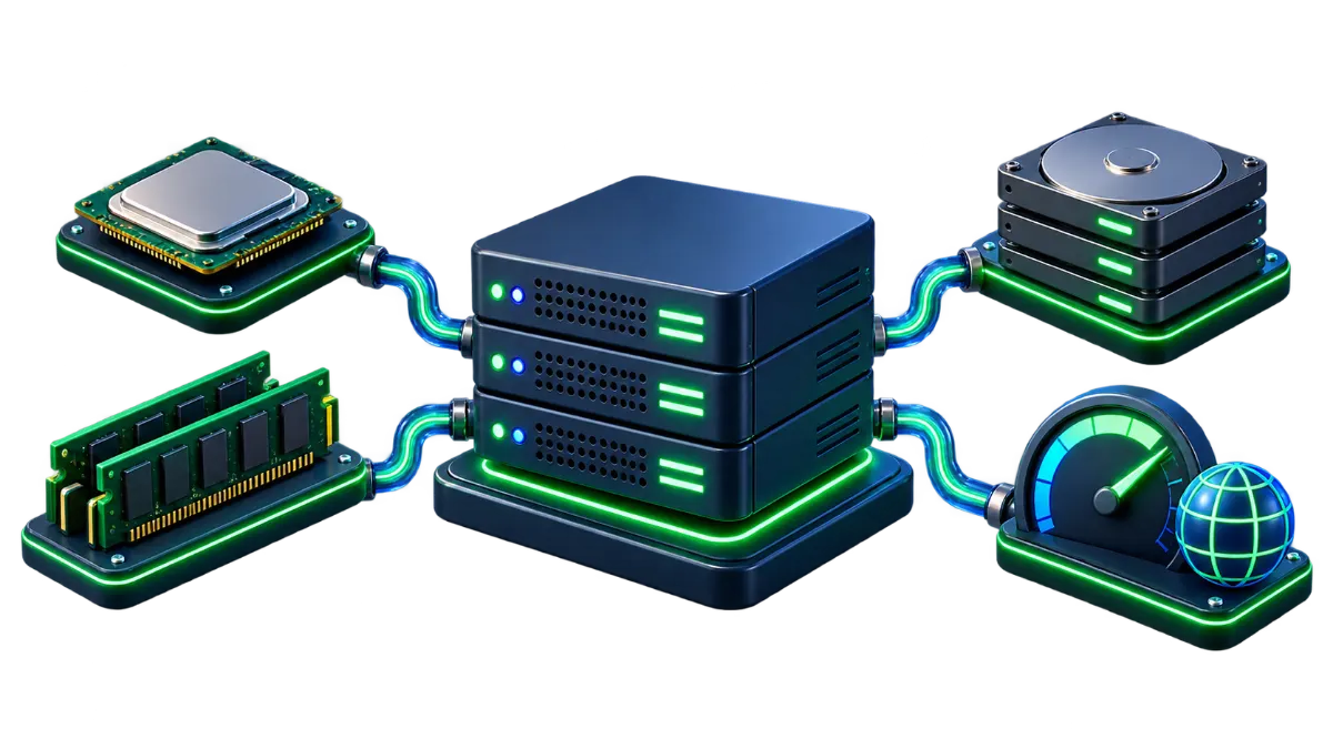 Illustration of a server connected to a resource dashboard, representing sizing hosting to an application’s actual needs.