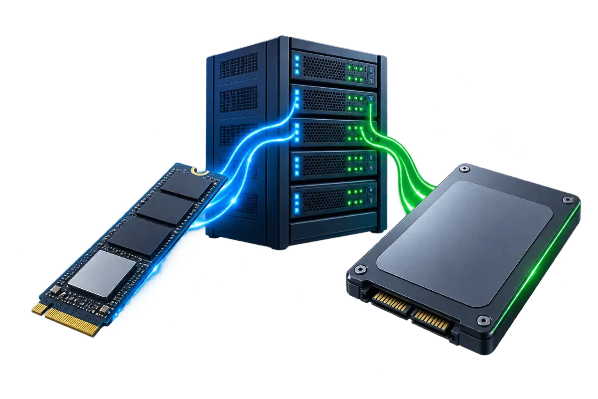 Illustration contrasting NVMe and SATA SSD storage drives.
