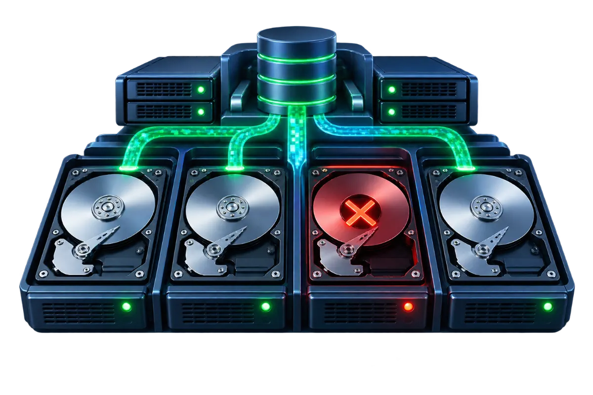 Multiple hard drive icons arranged in a mirrored and striped pattern, representing how a RAID array distributes data redundantly across several disks.