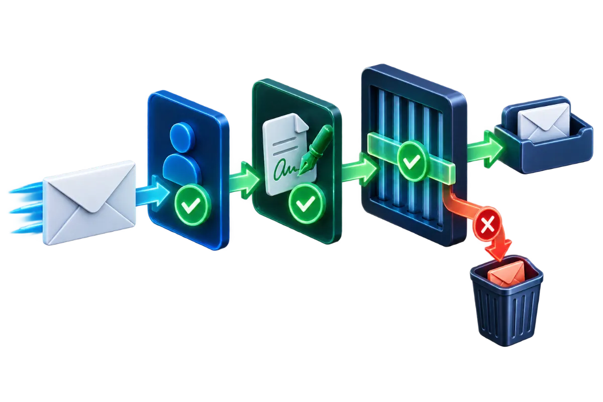 Three connected shield icons labeled for sender policy, cryptographic signature and reporting policy, representing layered email authentication.
