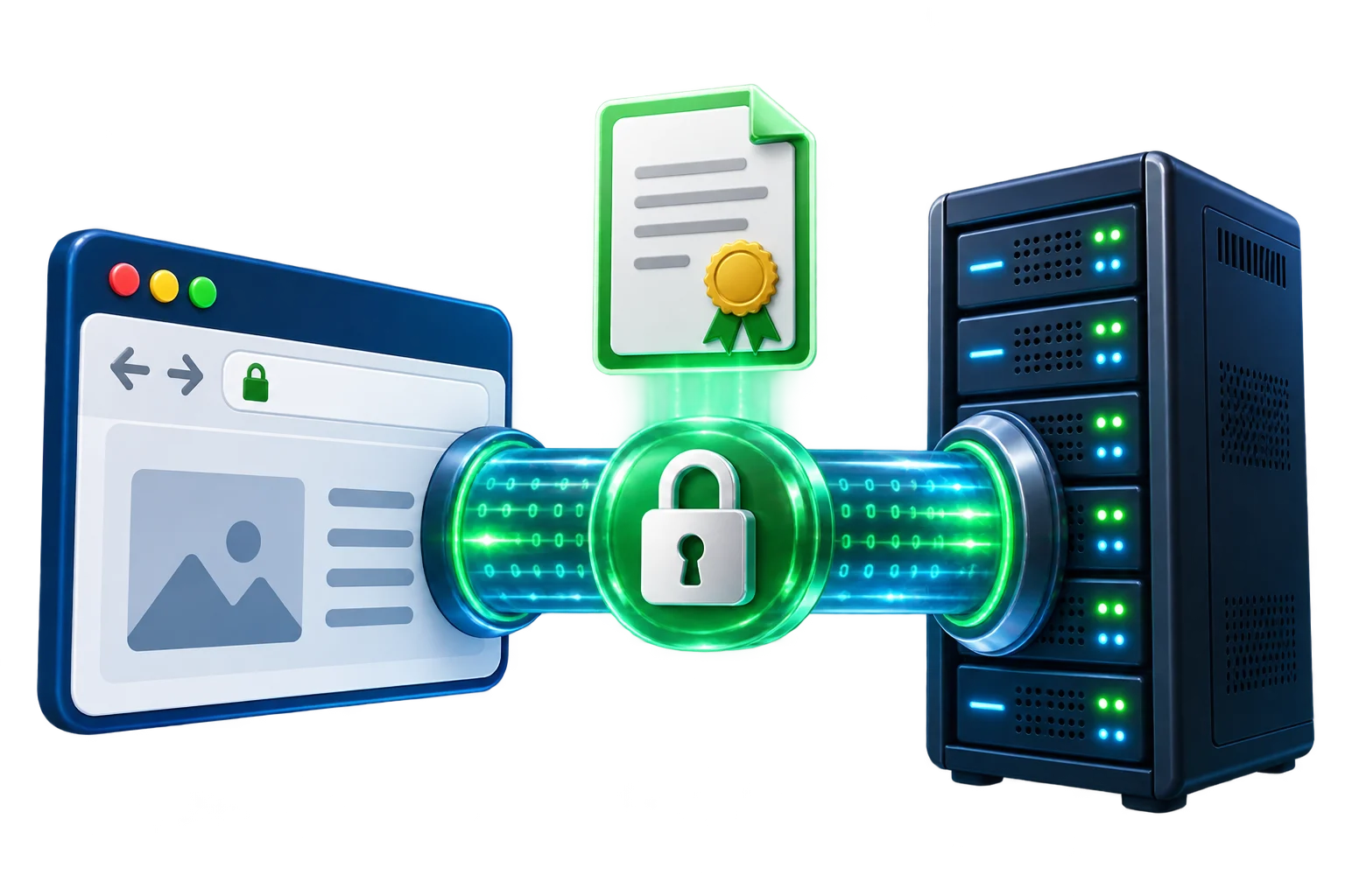 نافذة متصفح بشريط عنوان يحمل قفلاً متصلاً عبر نفق مشفّر وشهادة SSL بخزانة خوادم