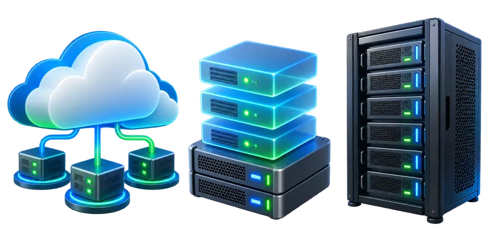 Two server infrastructure diagrams connected by a transfer arrow, representing a website's files and data moving from one hosting environment to another.