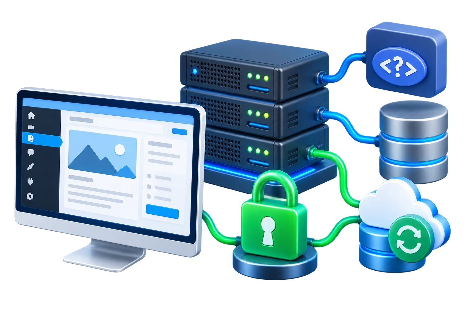 WordPress logo integrated into a simplified server and hosting environment diagram, representing hosting pre-configured specifically for WordPress.